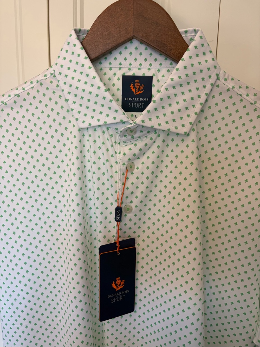 Donald Ross Men's White Button-Down Shirt with Green Micro-Print